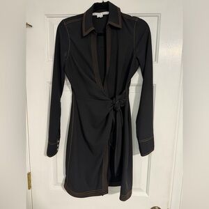Veronica Beard Black Wrap Dress with Contrast Gold Stitching